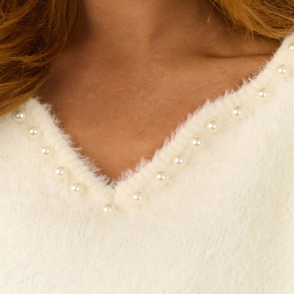V Neck - Pearl Trim - Fuzzy Knit Sweater - Vanilla